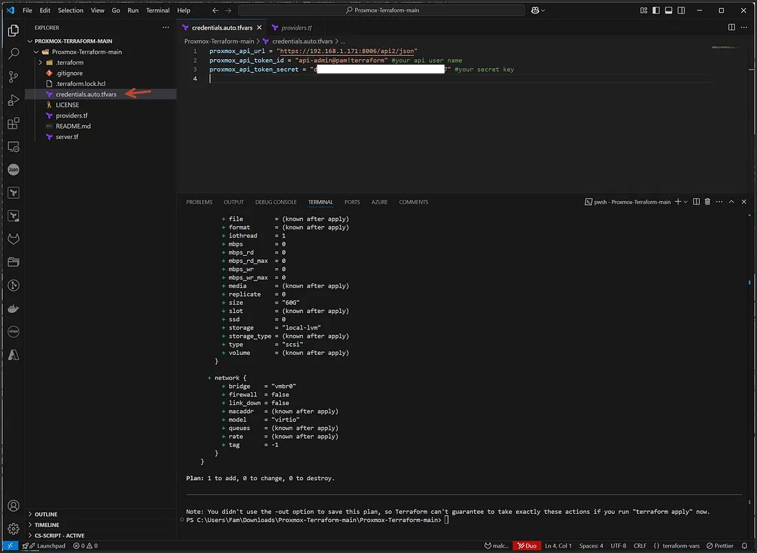 Terraform file showing API token values