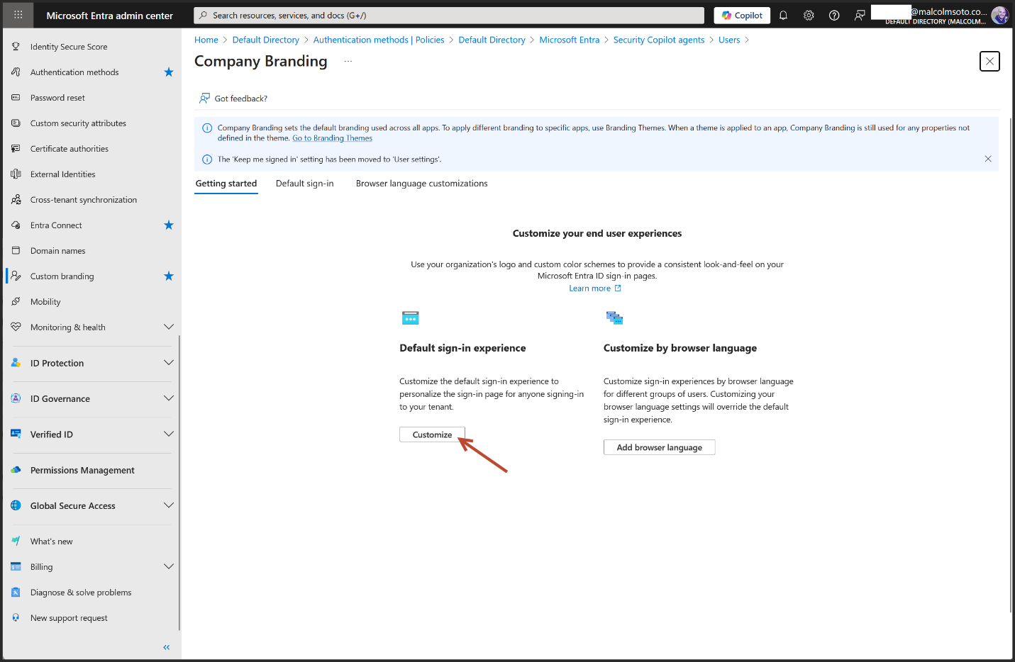 Customize option in Entra branding settings
