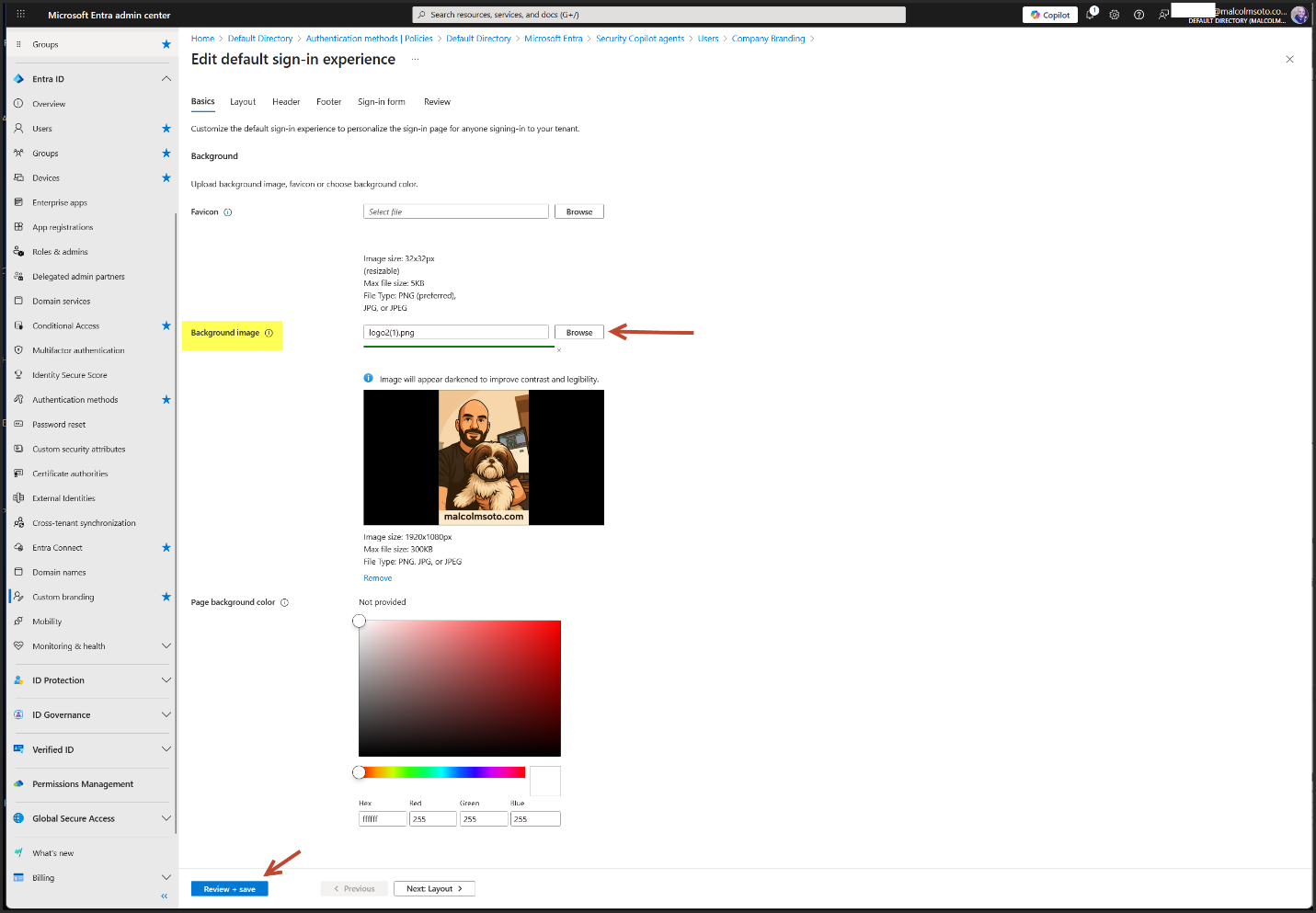 Background image selection in Entra branding