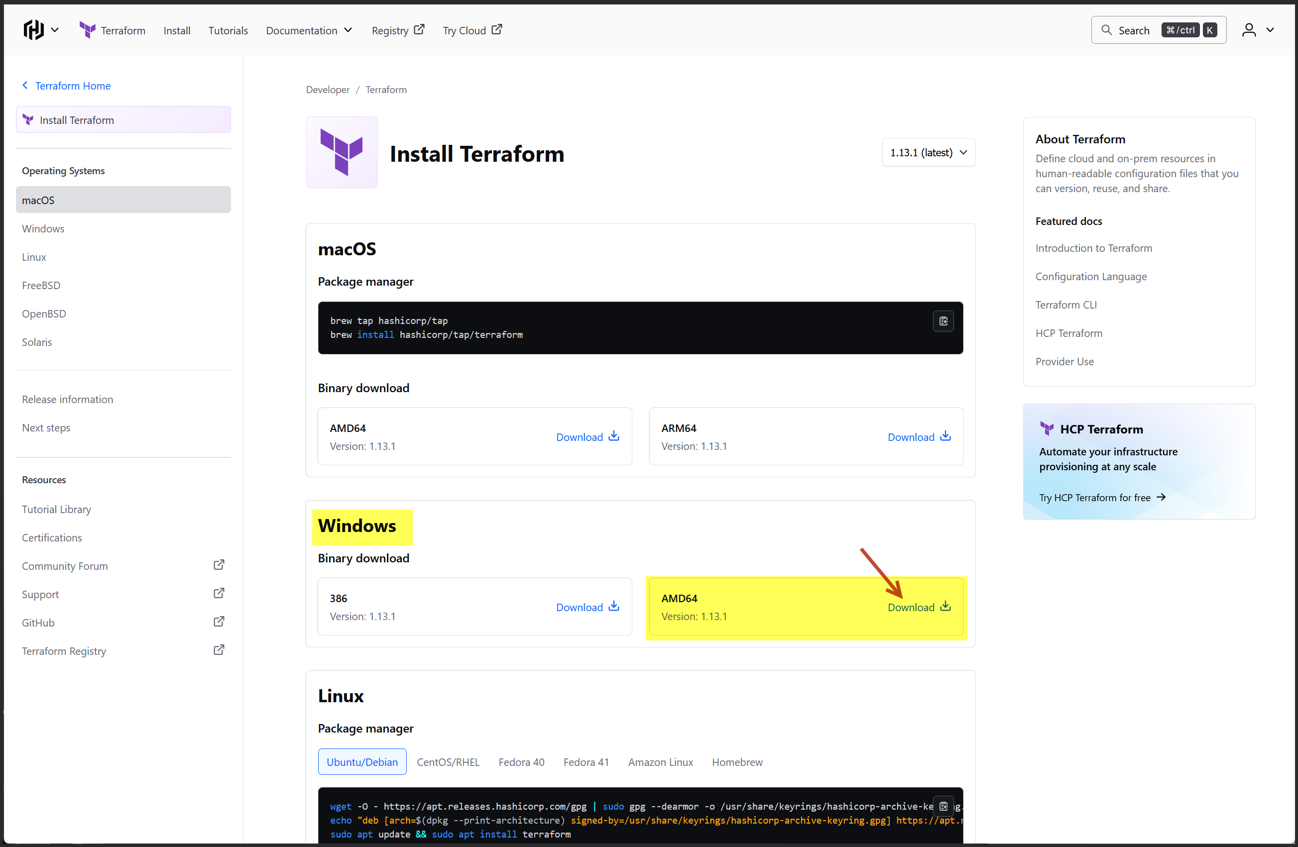 Terraform download page